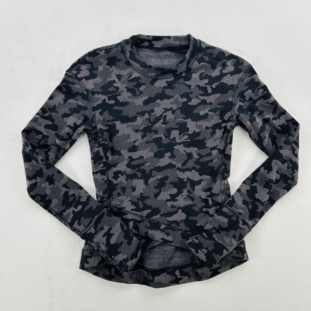 Lululemon Shirt Womens 4 Black Gray Camo Long Sleeve Crewneck Athletic Top Yoga